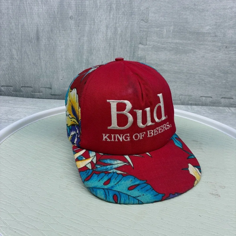 Vintage Budweiser Hat Cap Snapback Red Floral Bud King of Beers Alcohol Drinking